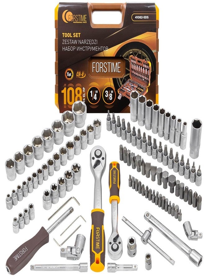 FORSTIME 108PCS Socket Set, 1/4" & 3/8" Drive CR-V Mechanics Tool Kit, Ratchet Wrench Set with Case for Car, Bike, Garage, DIY Repair & Maintenance - Image 1